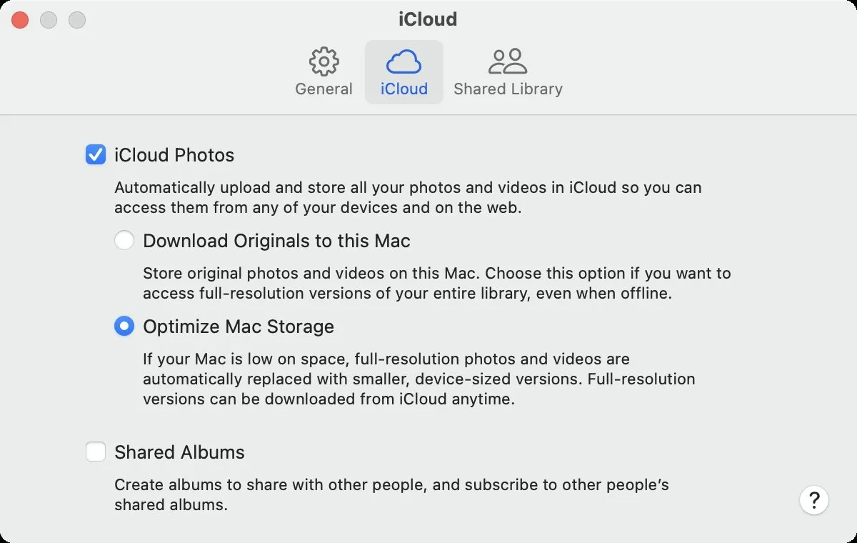 تنظیمات iCloud برای مدیریت فضای ذخیره‌سازی عکس‌ها روی مک