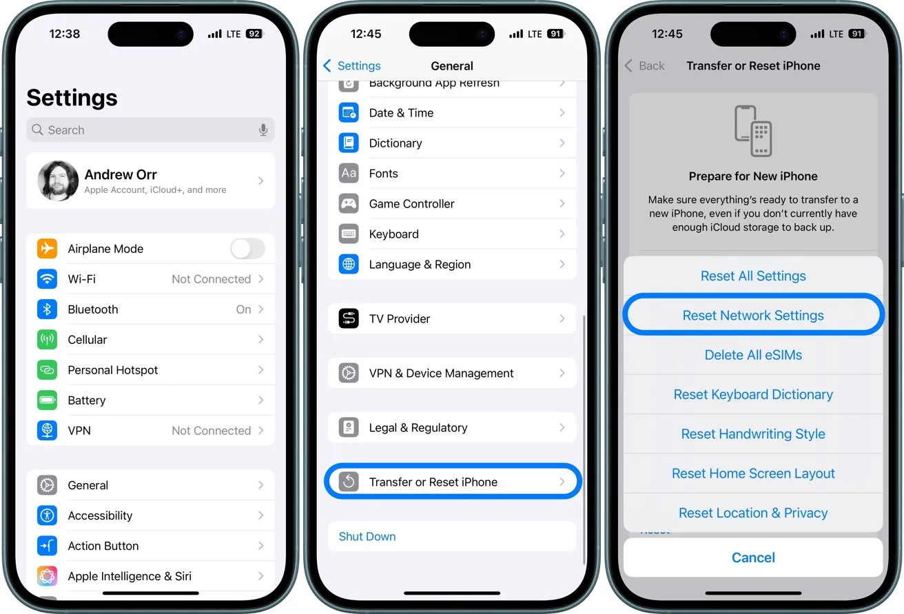 سه صفحه نمایش آیفون در بخش تنظیمات که گزینه‌های مربوط به Reset Network Settings را نمایش می‌دهند