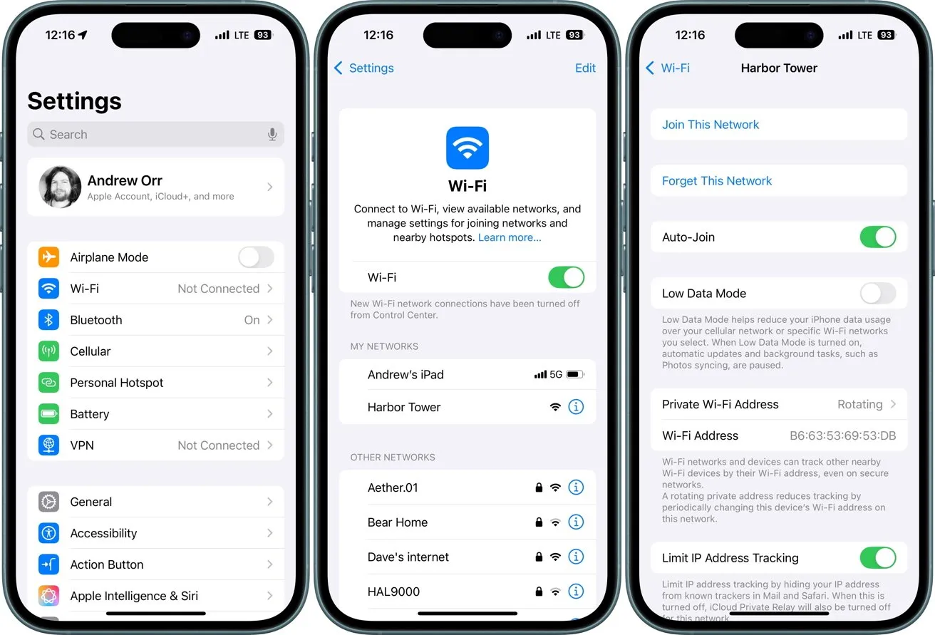 سه صفحه نمایش آیفون که تنظیمات وای‌فای و لیست شبکه‌های در دسترس را نشان می‌دهد