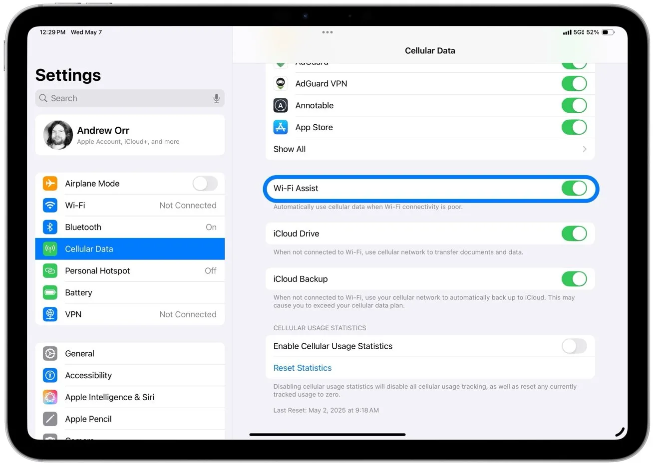 صفحه تنظیمات آیپد که گزینه Wi-Fi Assist را نشان می‌دهد