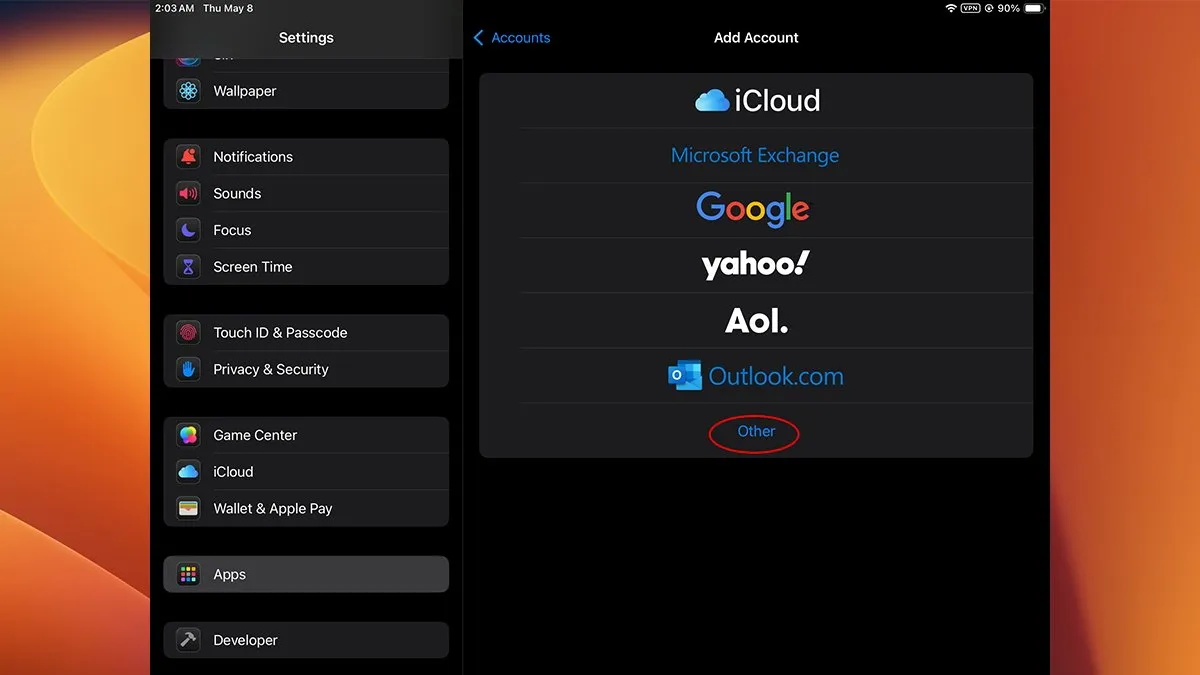 iPadOS 18 از انواع مختلف حساب ایمیل از جمله حساب‌های استاندارد و ابری پشتیبانی می‌کند