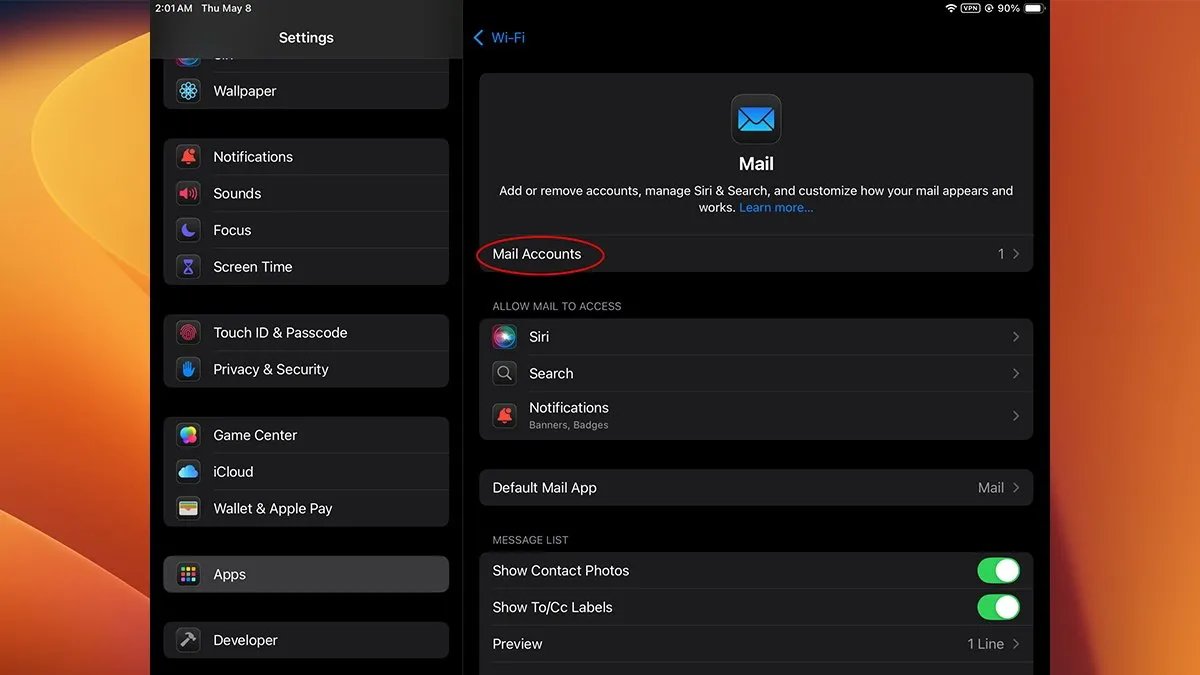 تنظیمات Apps > Mail برای افزودن حساب ایمیل جدید در iPadOS 18