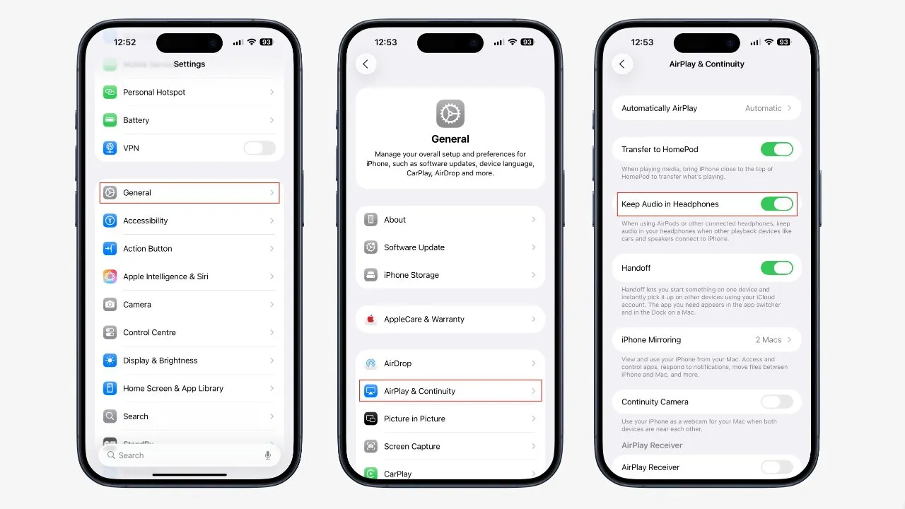 سه صفحه نمایش آیفون که نشان دهنده تنظیمات General، AirPlay & Continuity و گزینه های مختلف مانند انتقال به HomePod است