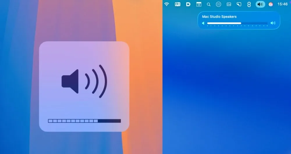 نمایشگر کنترل صدا با آیکون بلندگو و نوار کشویی تنظیم صدا روی پسزمینه رنگارنگ