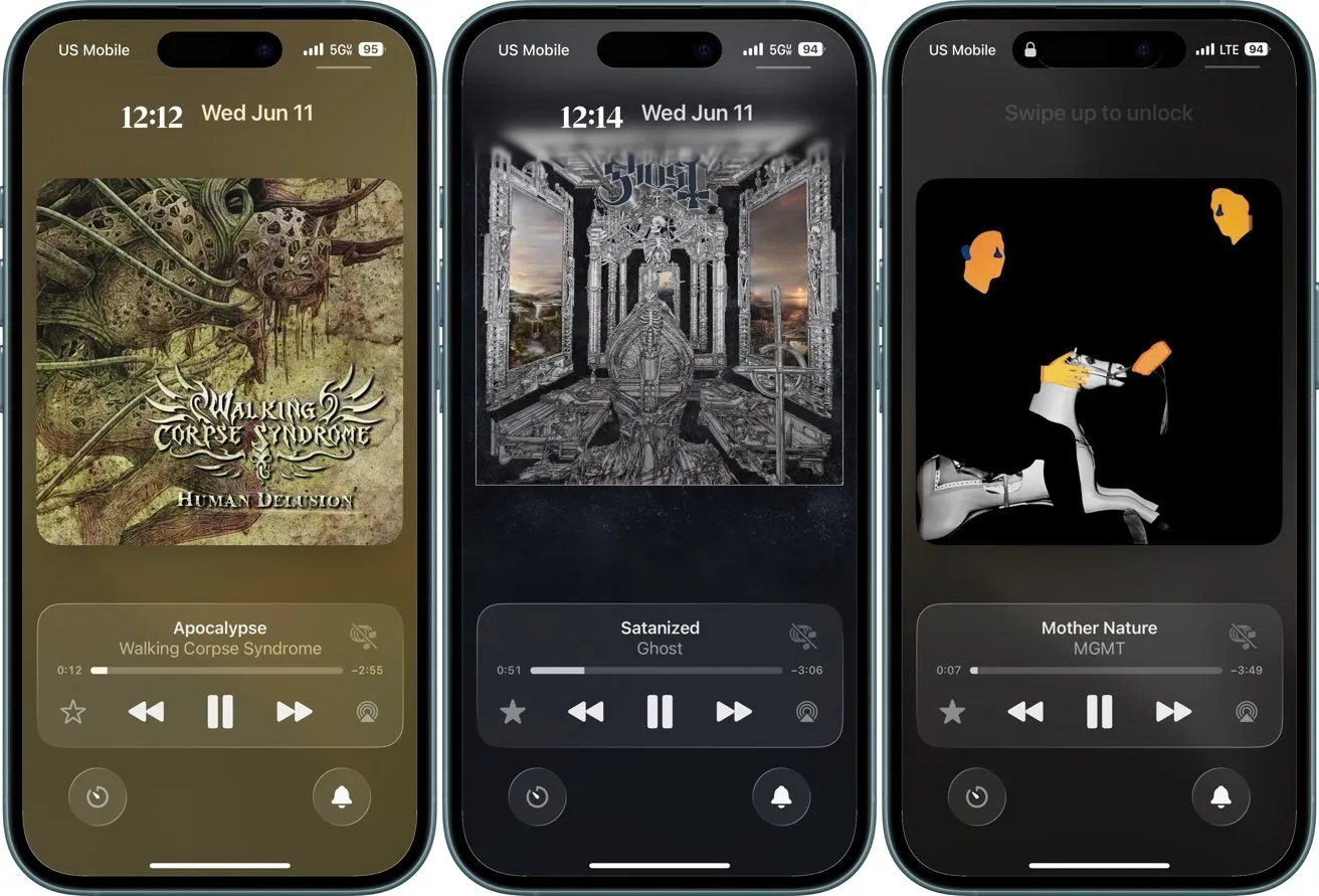 سه صفحه آیفون که کاورهای متحرک و فرم‌های پلی‌لیست مختلف در آن‌ها نمایش داده شده: Apocalypse, Satanized و Mother Nature