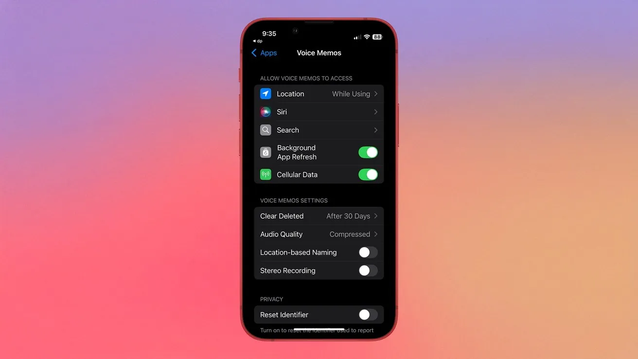 صفحه تنظیمات Voice Memos روی تلفن همراه - گزینه موقعیت جغرافیایی روشن و خاموش