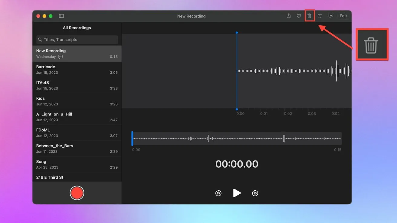 صفحه نرم افزار ضبط صدا با فهرستی از صداها و آیکون سطل زباله برجسته شده