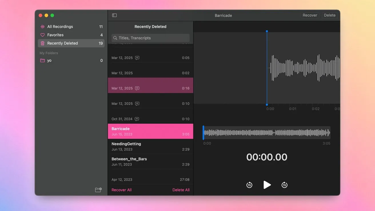 نمایی از بخش حذف‌های اخیر در Voice Memos برای بازیابی فایل صوتی