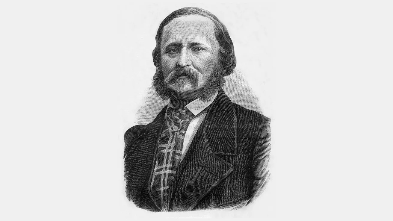 تصویر حکاکی از ادوآر لئون اسکات د مارتینویل با ریش و کراوات چهارخانه