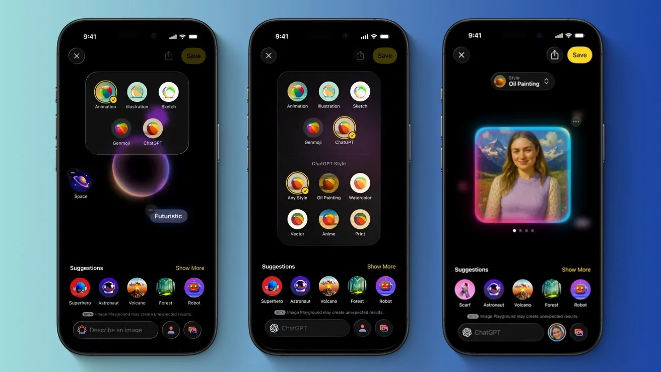 سه گوشی هوشمند که برنامه ای هنری دیجیتال با سبک‌های مختلف را نمایش می‌دهند و تصویری از یک زن به سبک نقاشی رنگ روغن دیده می‌شود