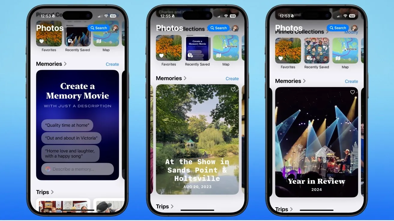 نمایی از سه صفحه آیفون با گزینه‌های ساخت و ویرایش Memories در اپ Photos
