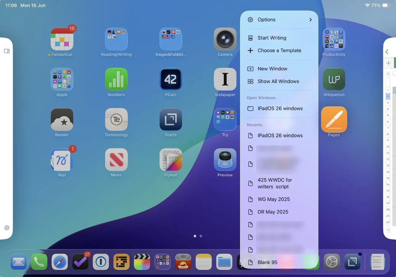 صفحه اصلی آیپد با آیکون‌های برنامه، منوی پاپ‌آپ با گزینه‌های نوشتن و قالب‌ها و اسناد اخیر