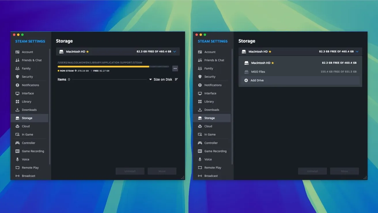 پنجره تنظیمات ذخیره سازی Steam روی macOS برای افزودن هارد اکسترنال