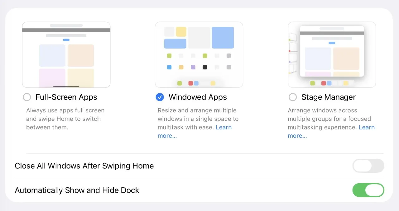 سه گزینه مدیریت برنامه شامل تمام‌صفحه، پنجره‌ای، و استیج منیجر که حالت پنجره‌ای فعال است