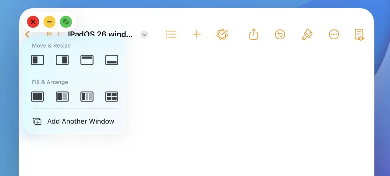 منوی مدیریت پنجره با گزینه‌های جابجایی و تغییر اندازه اتوماتیک، دکمه‌های رنگی در بالای پنجره 