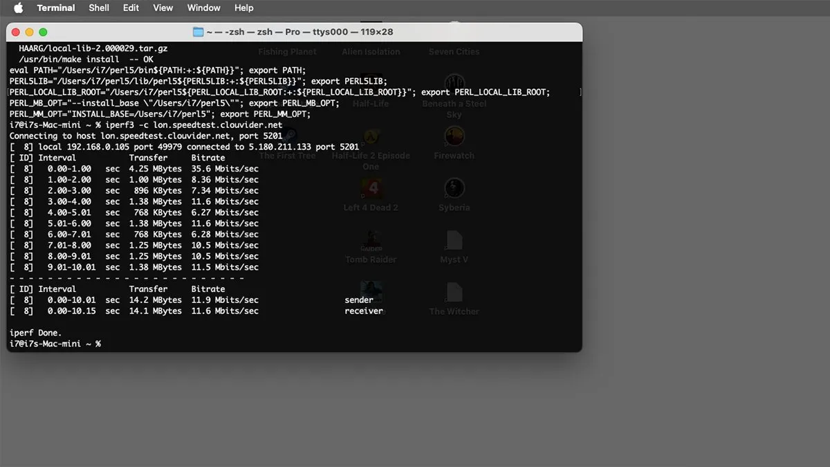 اجرای تست سرعت با iperf3 در ترمینال مک.