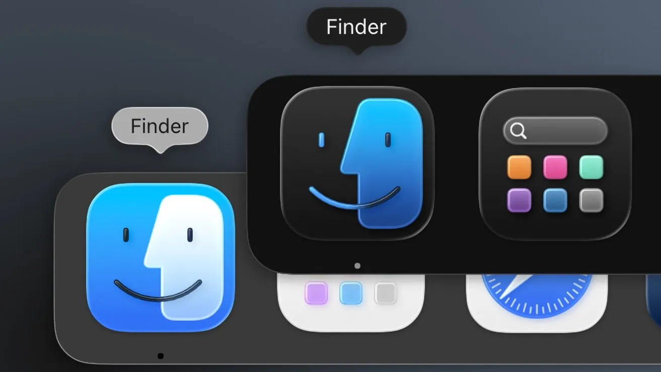آیکون‌های Finder مک در کنار هم، یکی استاندارد و دیگری با رنگ‌بندی معکوس شده، همراه با برچسب‌ها.