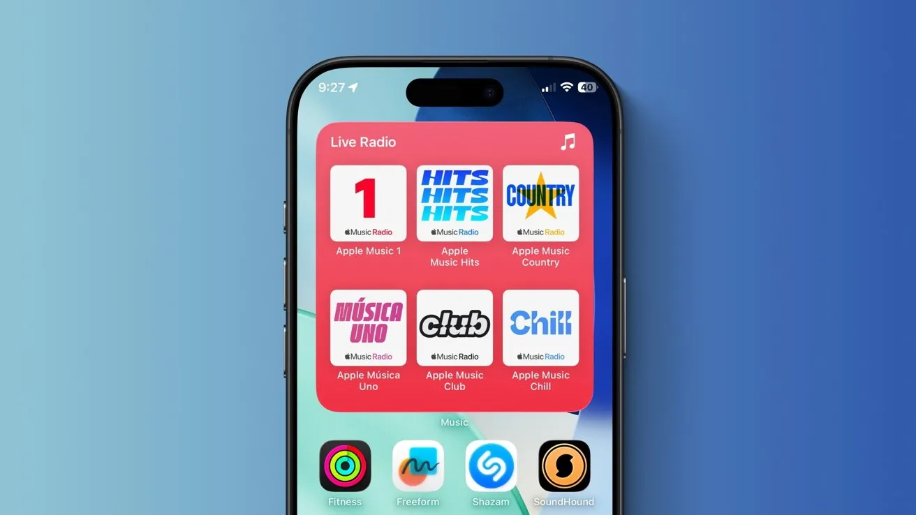 ویجت اپل موزیک که رادیو زنده را با چند ایستگاه مختلف نمایش می‌دهد