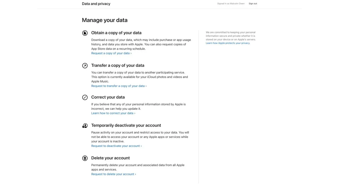 صفحه مدیریتی دادهها با گزینههای دریافت، انتقال، اصلاح، غیرفعالسازی موقت یا حذف حساب