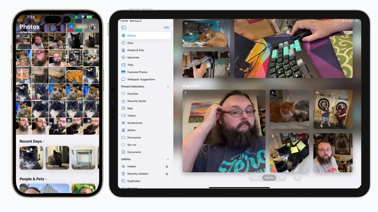 نمای همزمان گوشی هوشمند و تبلت با گالری عکس‌ها: مرد ریش‌دار، گربه‌ها و فعالیت‌های مختلف