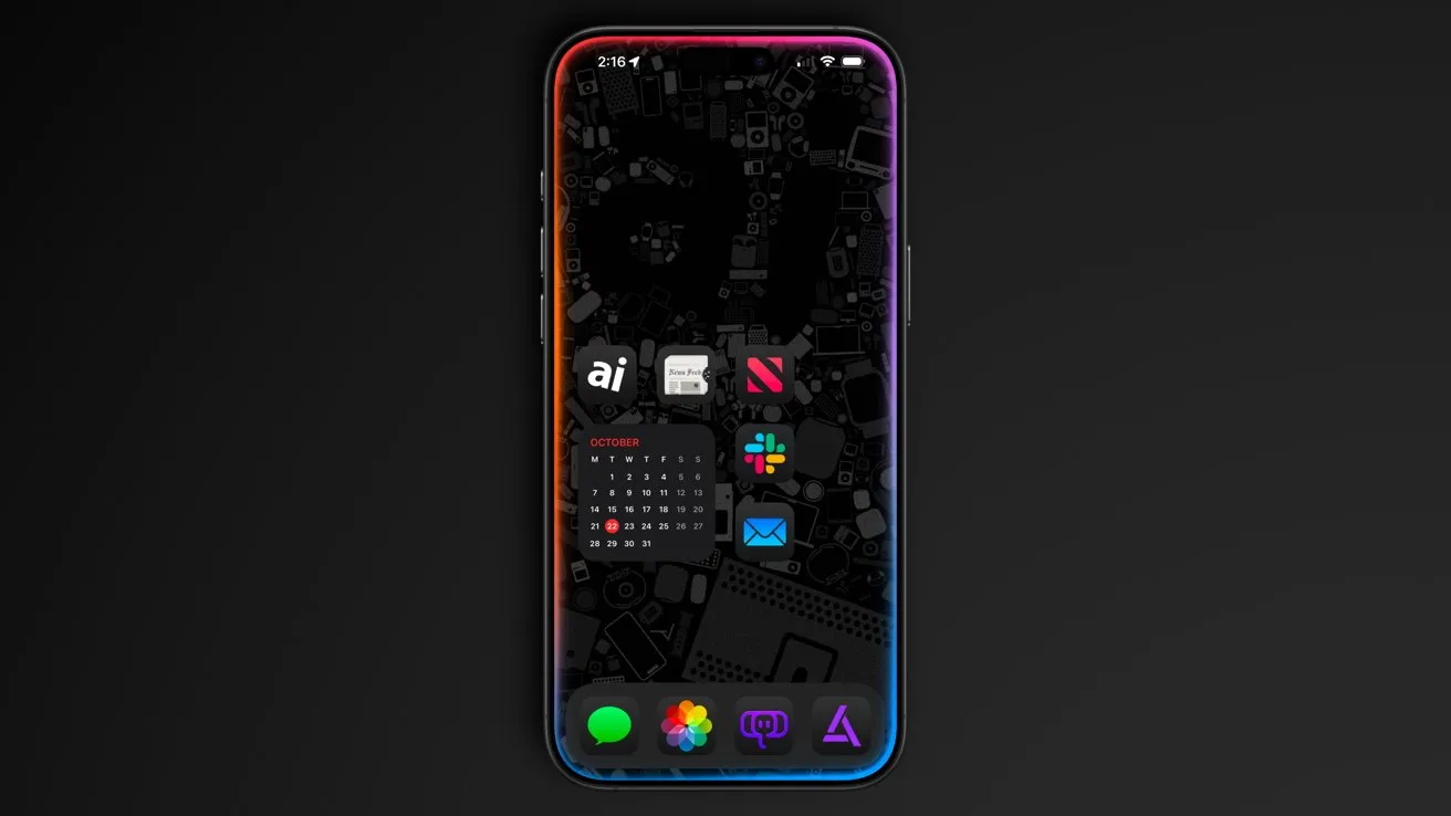 نمایش صفحه اصلی یک گوشی هوشمند با آیکون‌های نرم‌افزار و ویجت تقویم در پس‌زمینه تیره با حاشیه‌های رنگی