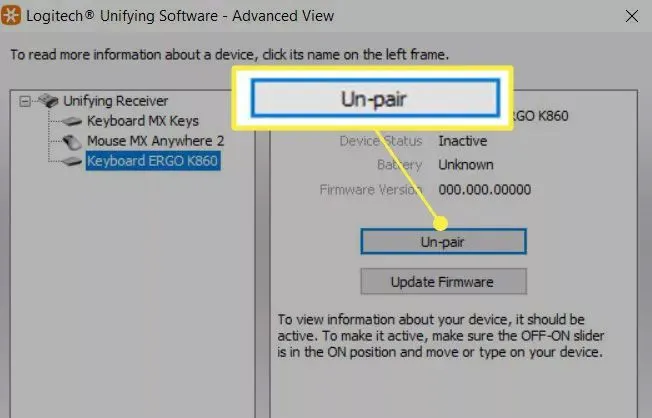 نرمافزار Logitech Unifying با گزینه Unpair برجسته شده