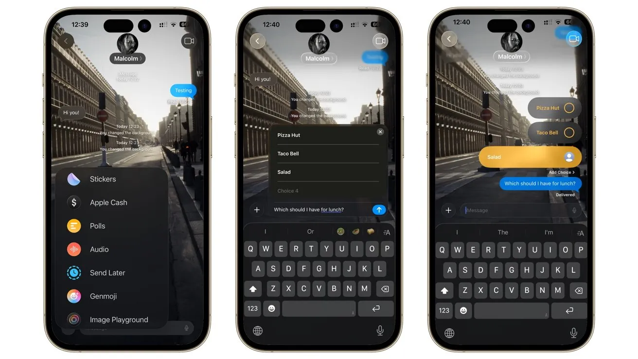 سه صفحه تلفن هوشمند با پیام‌رسان، شامل نظرسنجی و پس‌زمینه خیابان شهری.