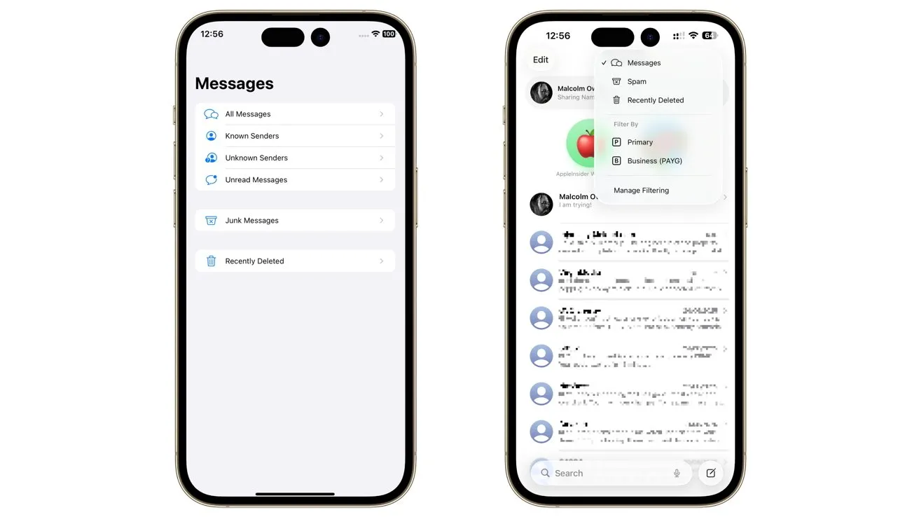 دو گوشی هوشمند که برنامه پیام‌رسانی را نشان می‌دهند؛ گوشی سمت چپ دسته‌بندی پیام‌ها، و گوشی سمت راست لیست پیام‌ها را نمایش می‌دهد.