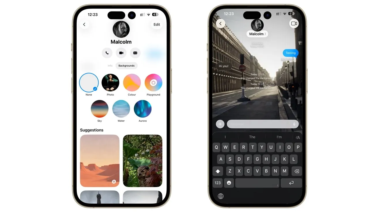 دو گوشی هوشمند که گزینه‌های سفارشی‌سازی گفتگو شامل پس‌زمینه‌ها را نمایش می‌دهند.