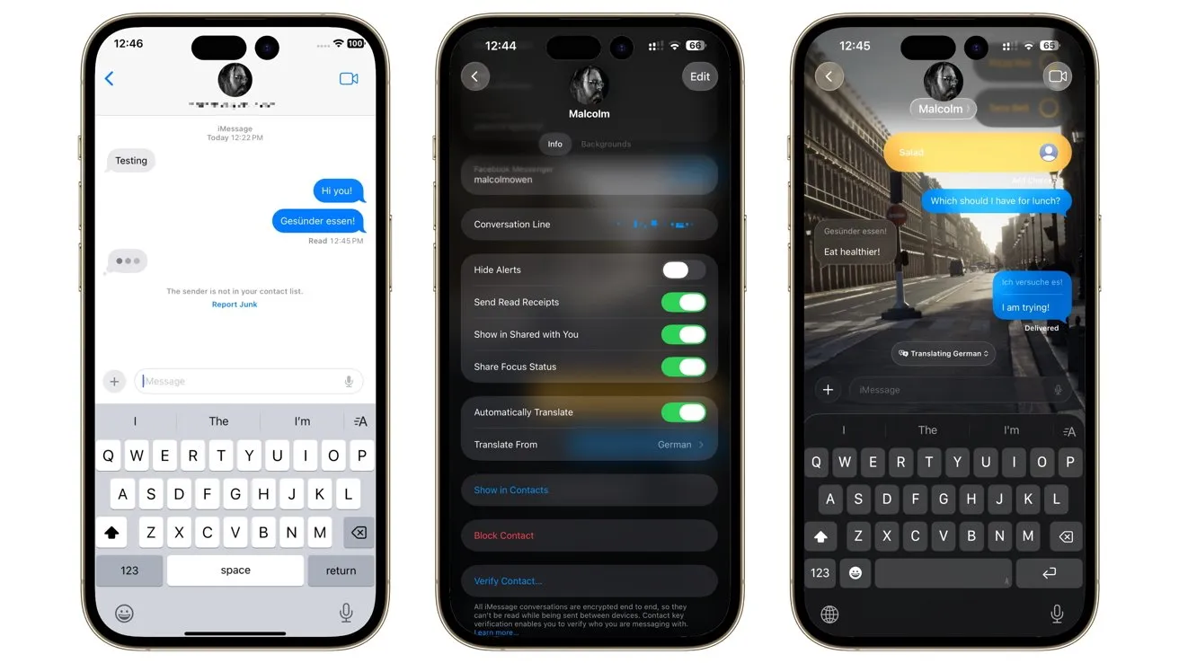 سه صفحه گوشی که ترجمه خودکار پیام‌ها را به نمایش می‌گذارند؛ شامل تنظیمات و مکالمه با ترجمه آلمانی.