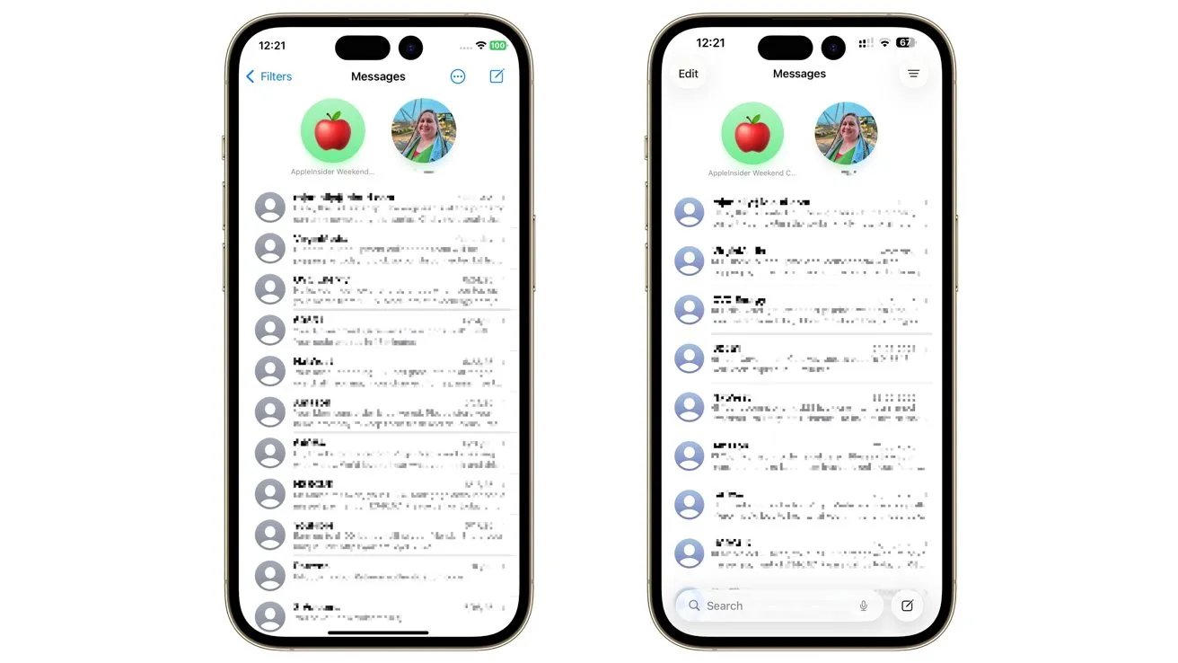 دو گوشی هوشمند که برنامه پیام‌رسانی را نشان می‌دهند؛ هر دو آواتارهای دایره‌ای در بالا دارند.