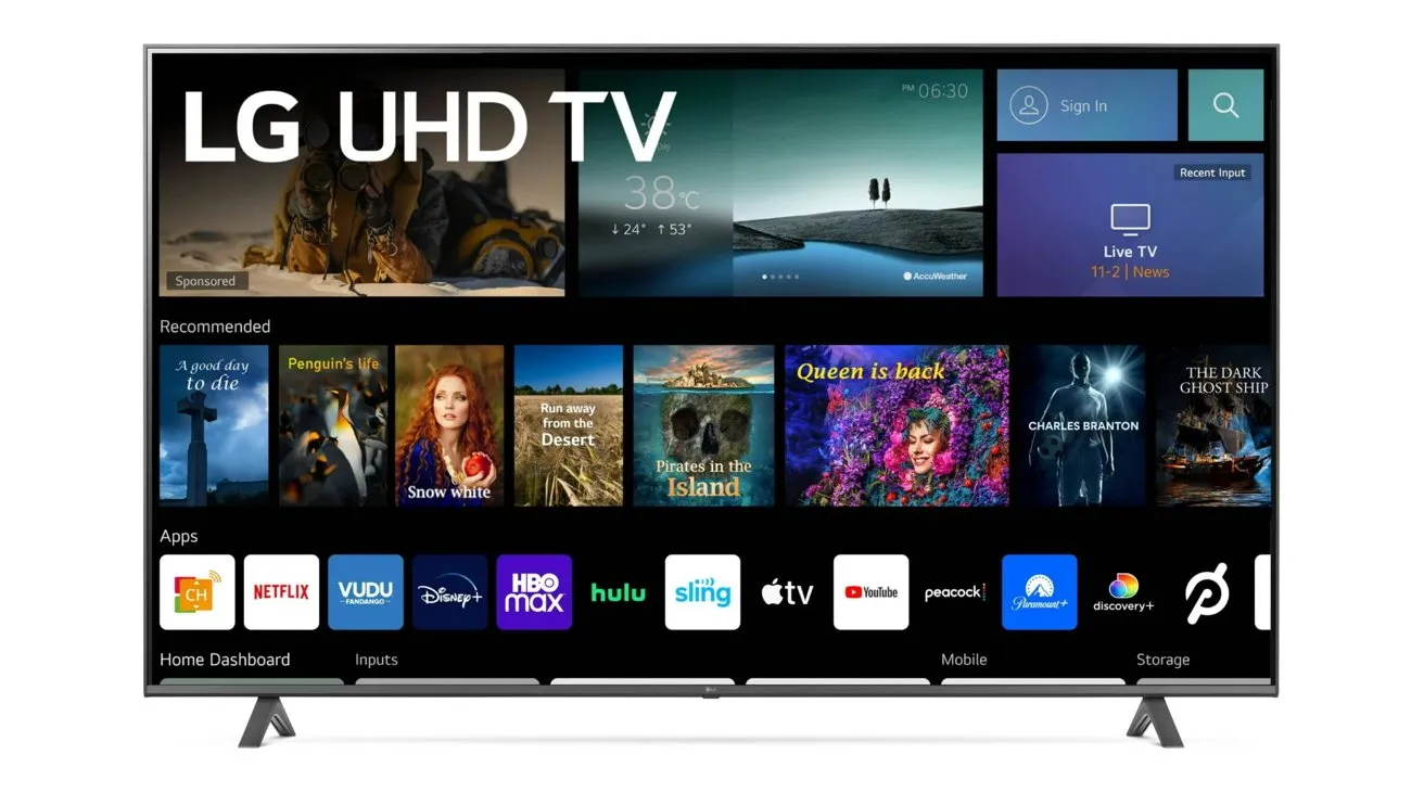 صفحه نمایش تلویزیون UHD ال‌جی با نمایش انتخاب فیلم‌ها، اپلیکیشن‌ها و اطلاعات هواشناسی