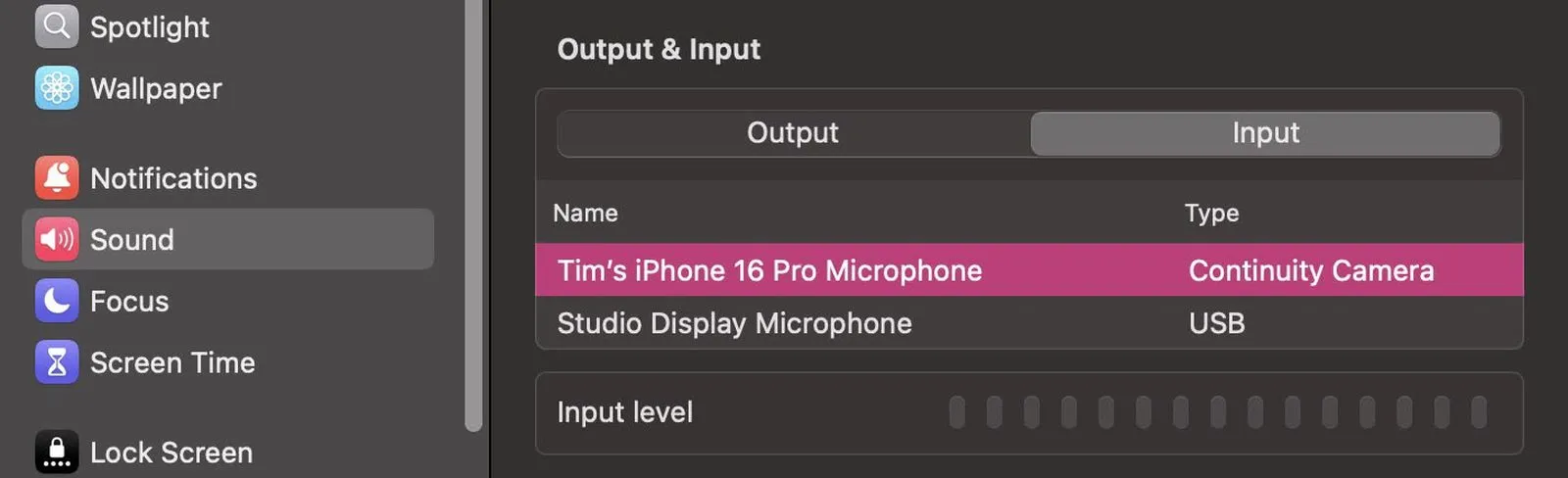 تنظیمات صدای مک برای انتخاب آیفون به عنوان میکروفون