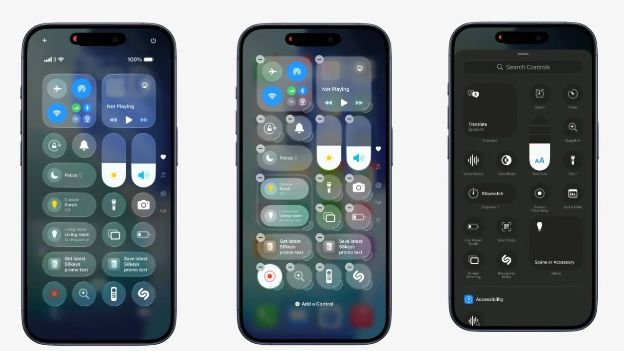 سه گوشی هوشمند با رابط‌های مختلف کنترل سنتر؛ گزینه‌هایی مثل وای-فای، روشنایی و صدا