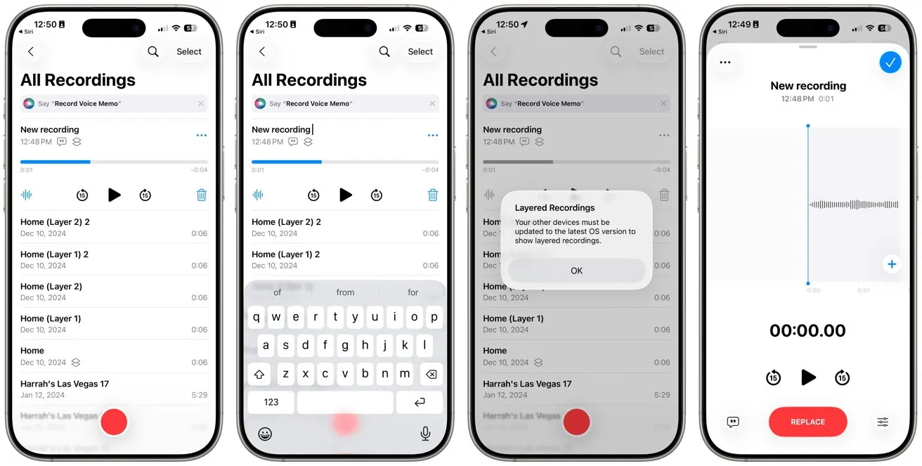 رابط چند صفحه‌ای اپ Voice Memos با گزینه‌های ضبط و به‌روزرسانی