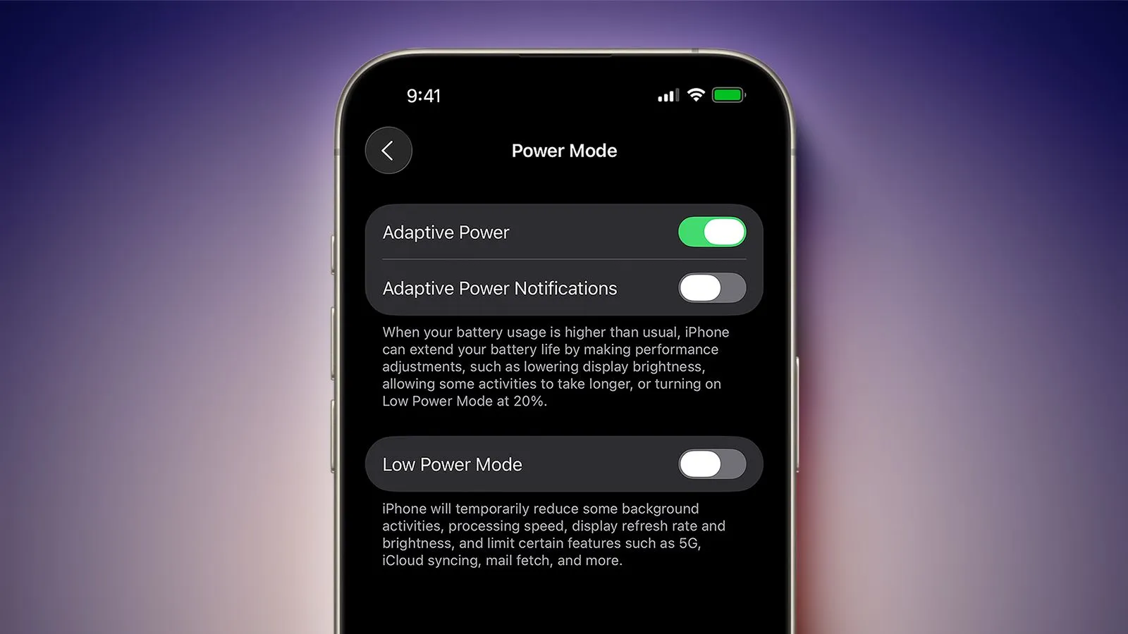 اعلان‌های Adaptive Power در iOS 26
