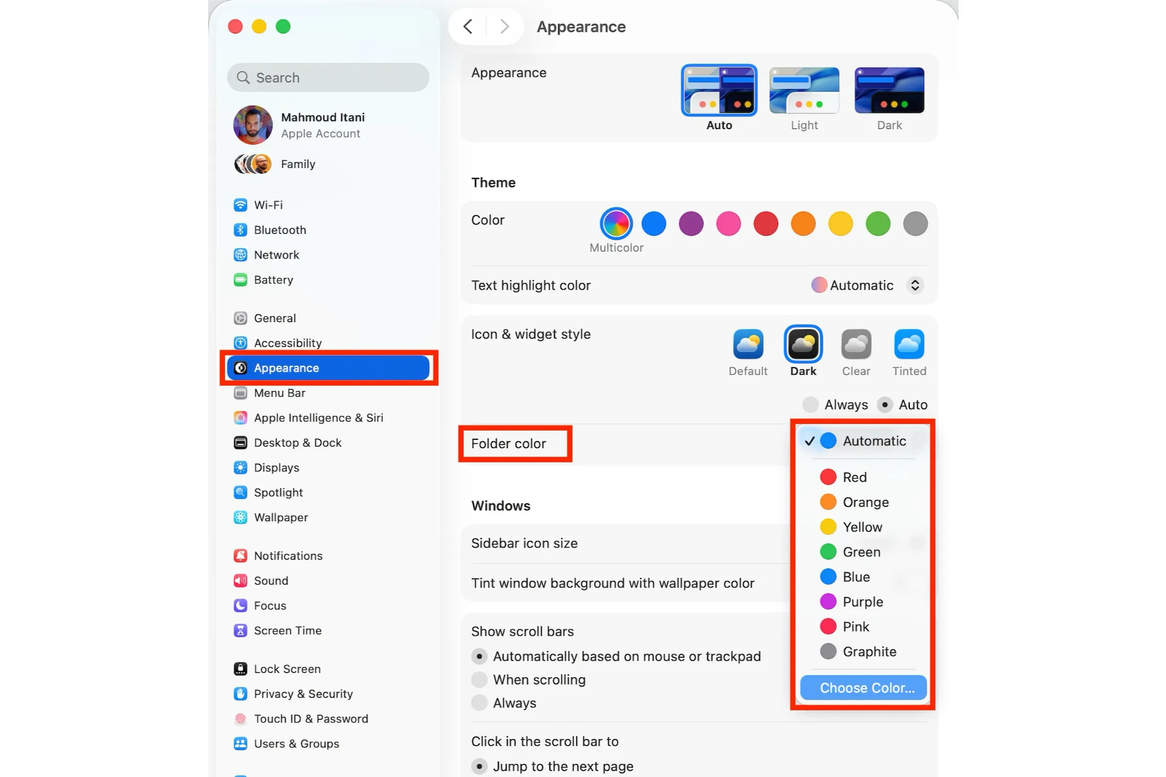 تنظیم رنگ پیش فرض پوشه‌ها در macOS Tahoe