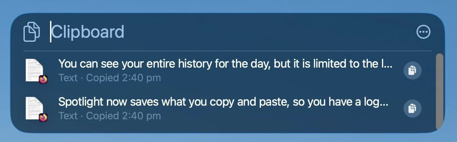 تاریخچه کلیپ‌بورد در Spotlight macOS Tahoe