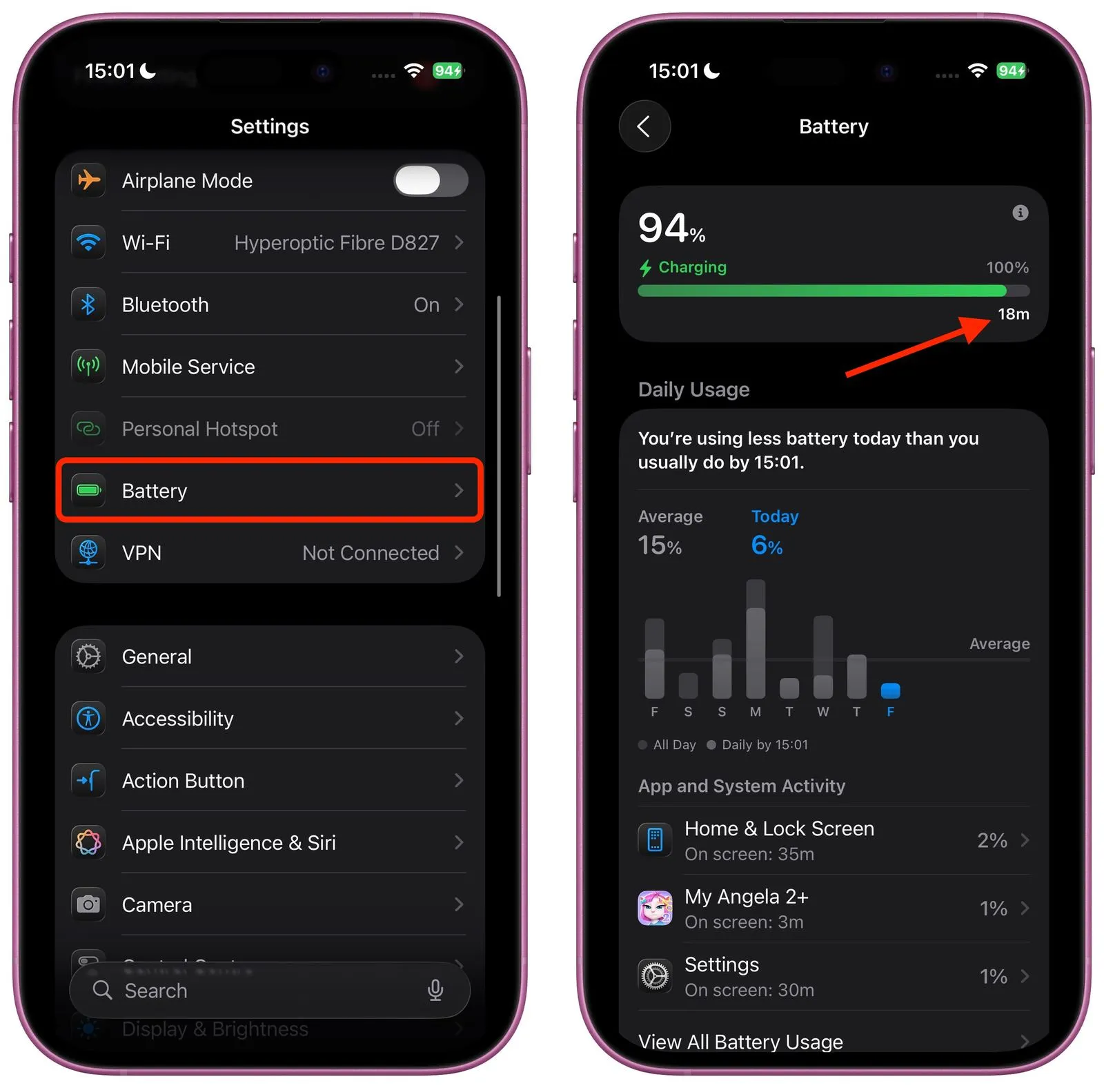 نمایی از منوی تنظیمات باتری در آیفون