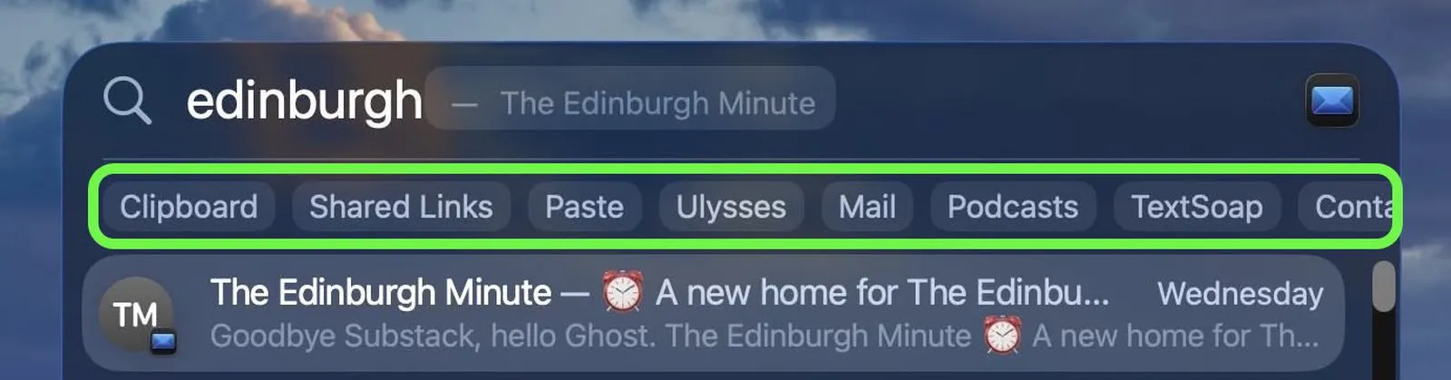 فیلتر نتایج Spotlight بر اساس دسته‌بندی