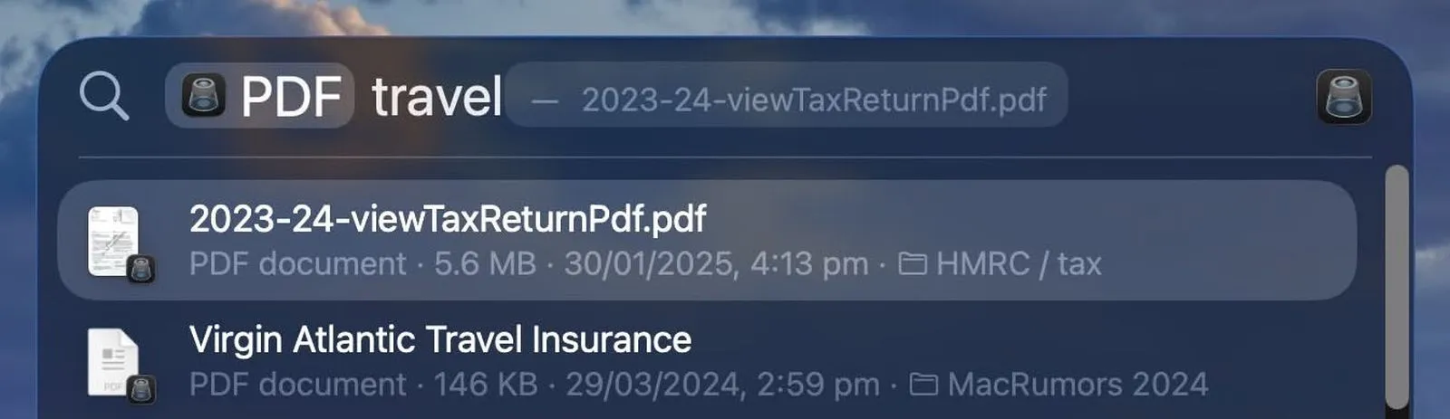 مثال جستجو با کلمه kind در Spotlight