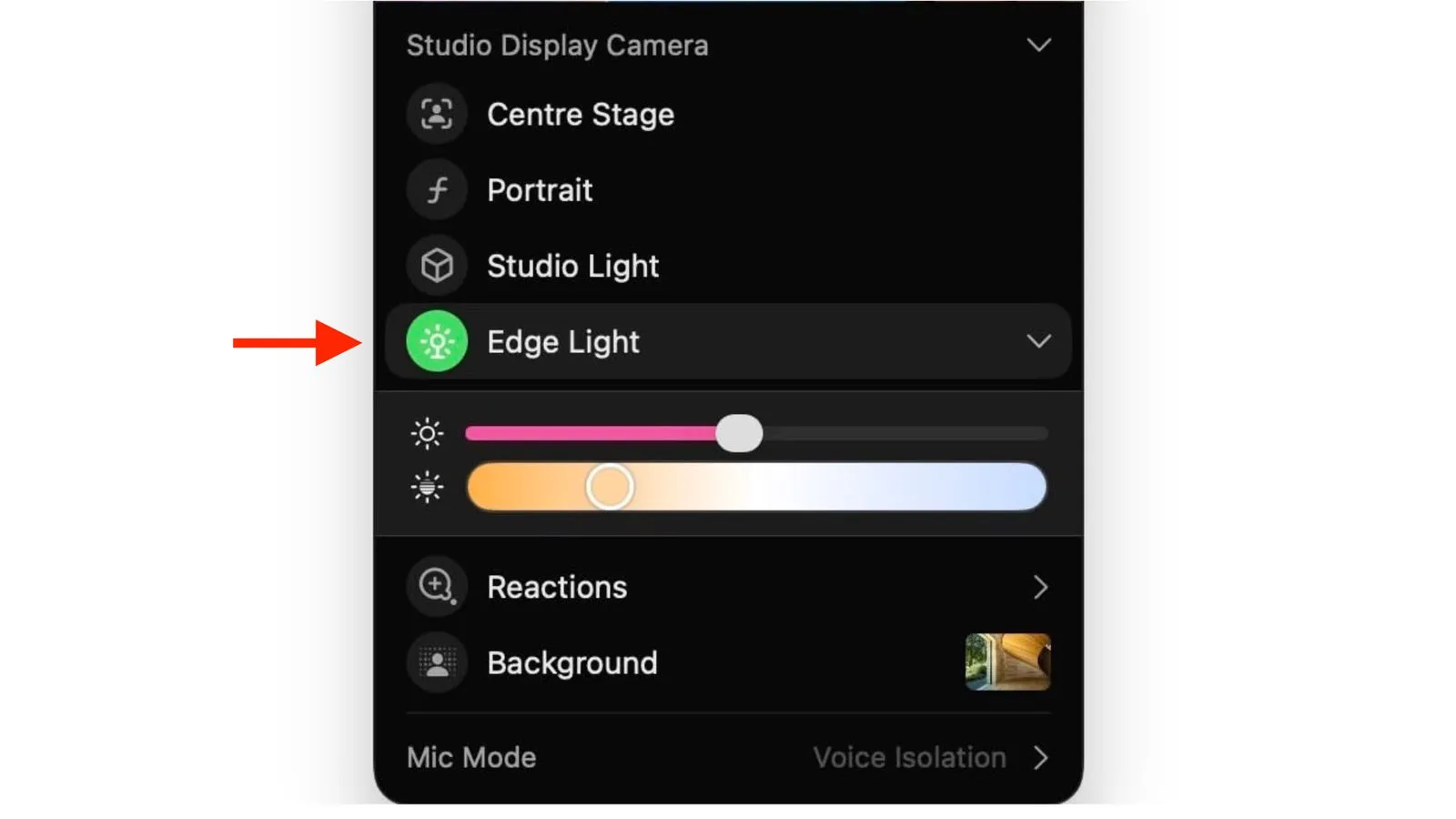 نمایی از منوی Edge Light و اسلایدرهای روشنایی