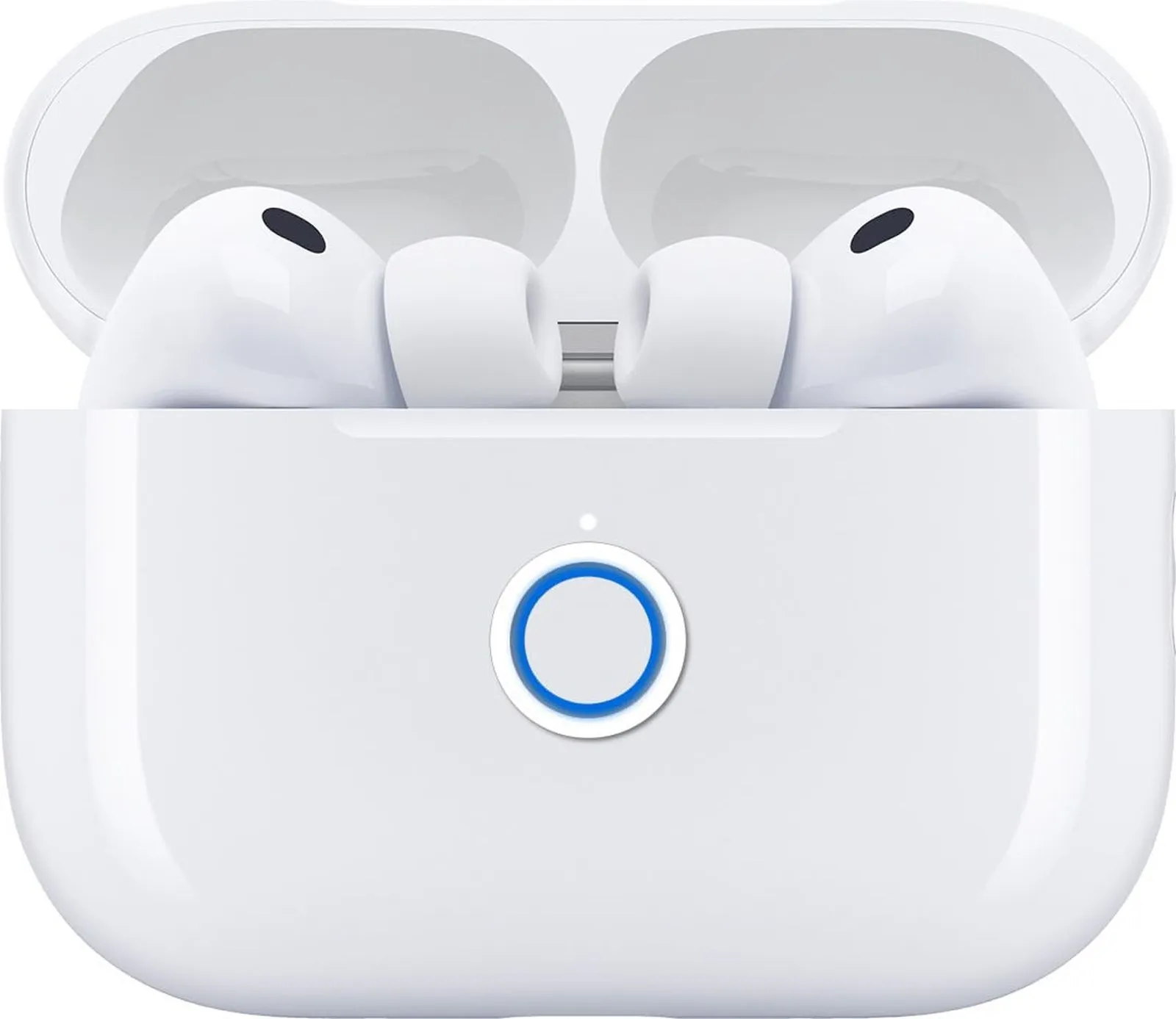 دو بار ضربه به جلوی کیس AirPods Pro 3، نشانگر وضعیت سفید