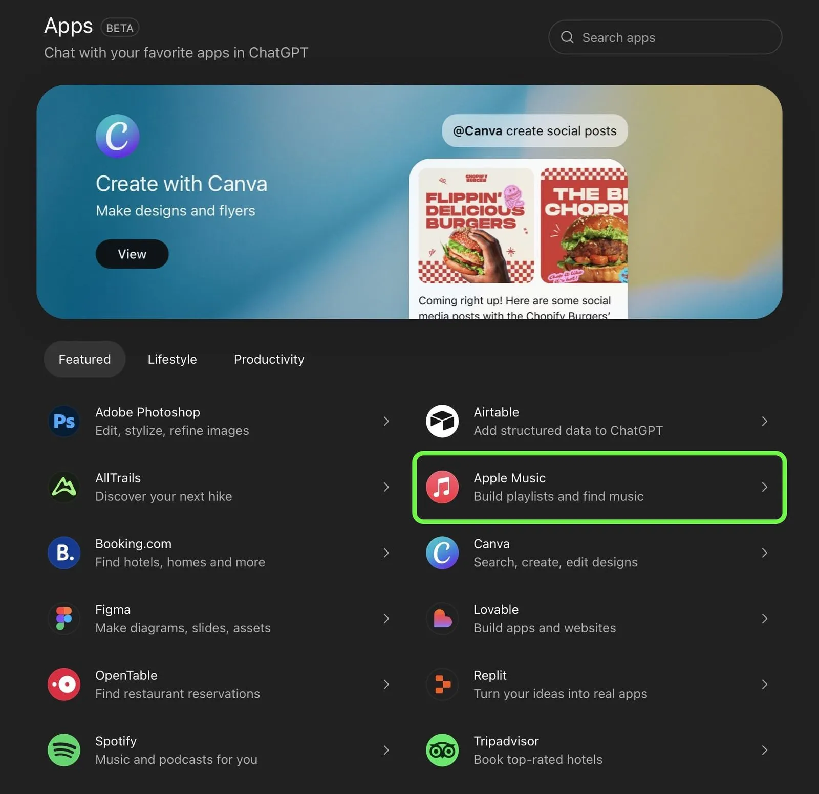 فهرست اپ‌ها در ChatGPT